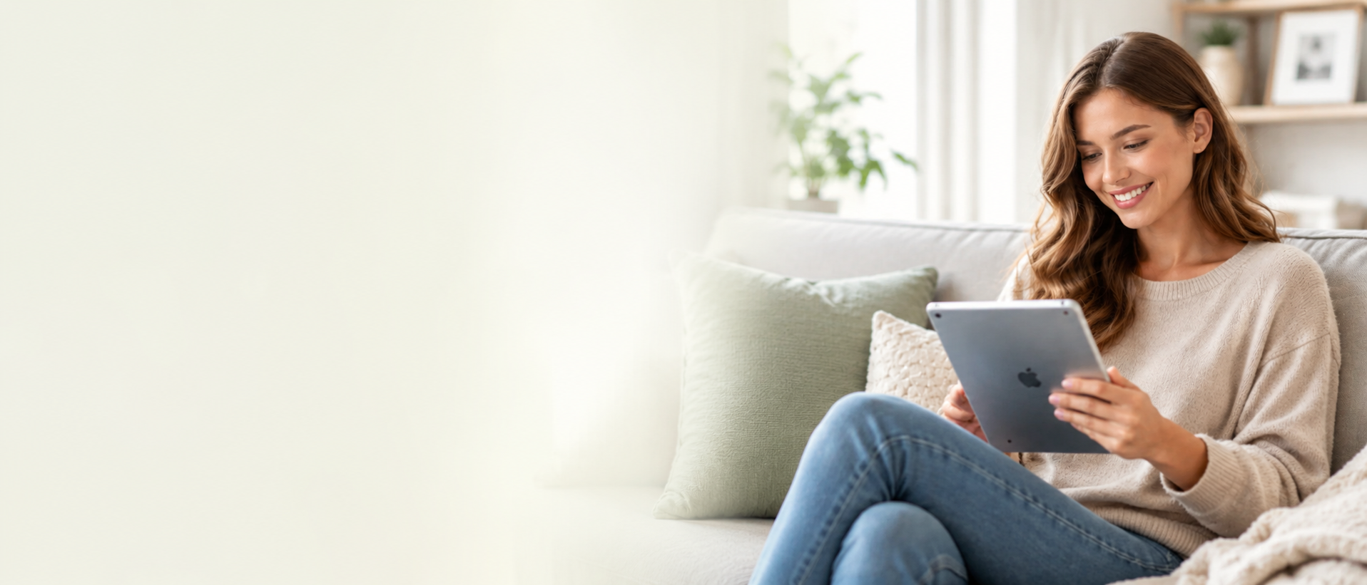 A woman using a tablet for a virtual bladder health visit