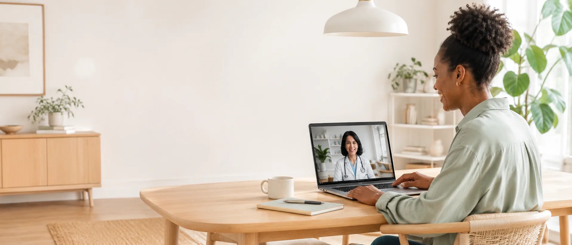 A woman connecting with a clinician by virtual visit