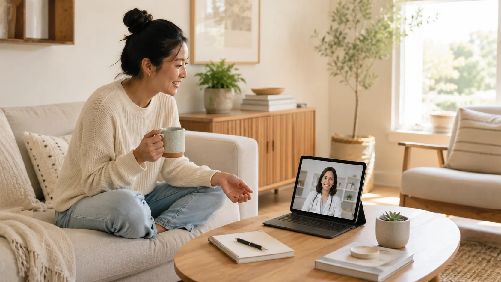 Woman speaking with a healthcare provider online about overactive bladder symptoms