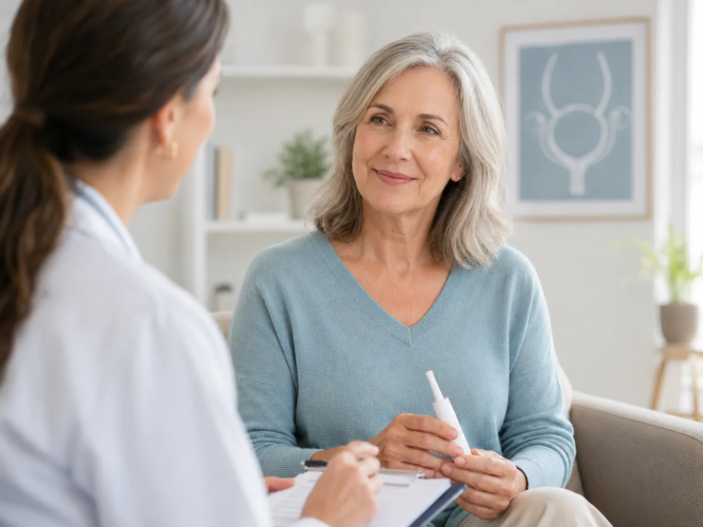 Woman considering treatment options for recurrent urinary tract infections