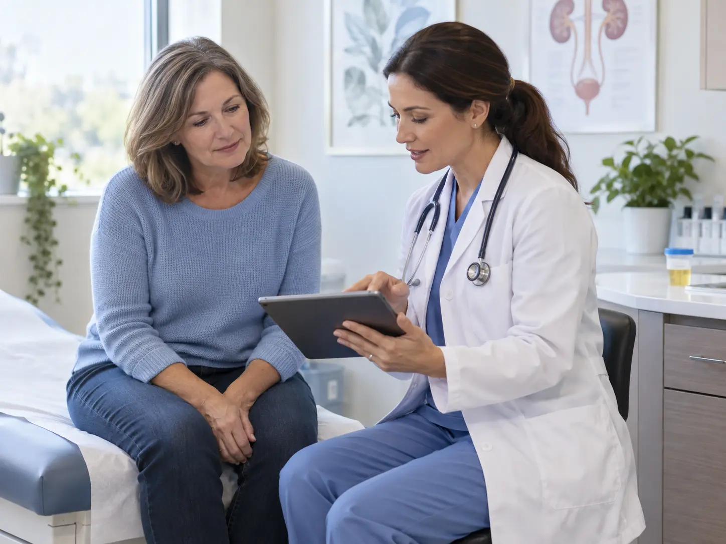 Woman and health care provider reviewing information on a tablet in a medical office