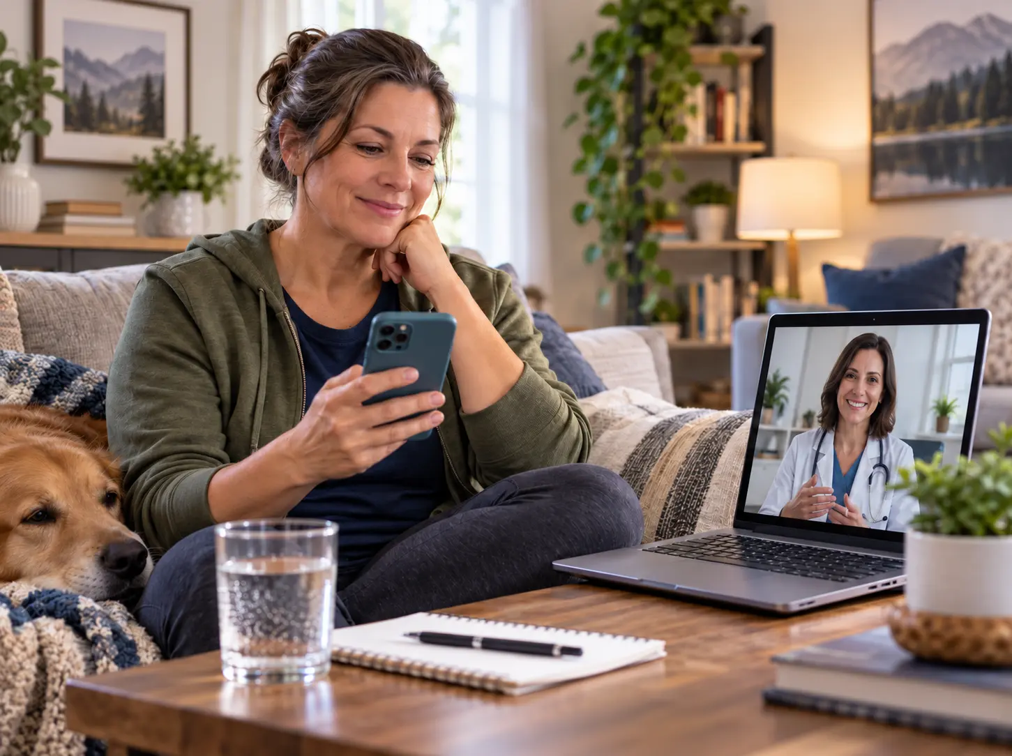 Woman using a smartphone at home with a health care provider on a laptop video call