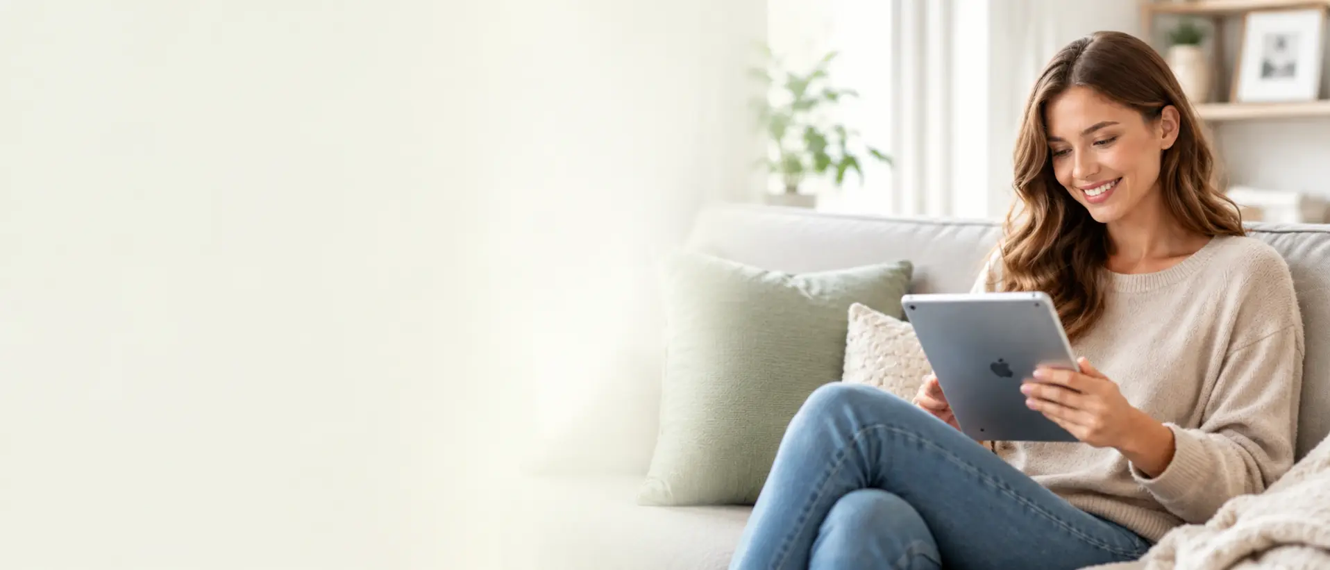 A woman using a tablet for a virtual bladder health visit