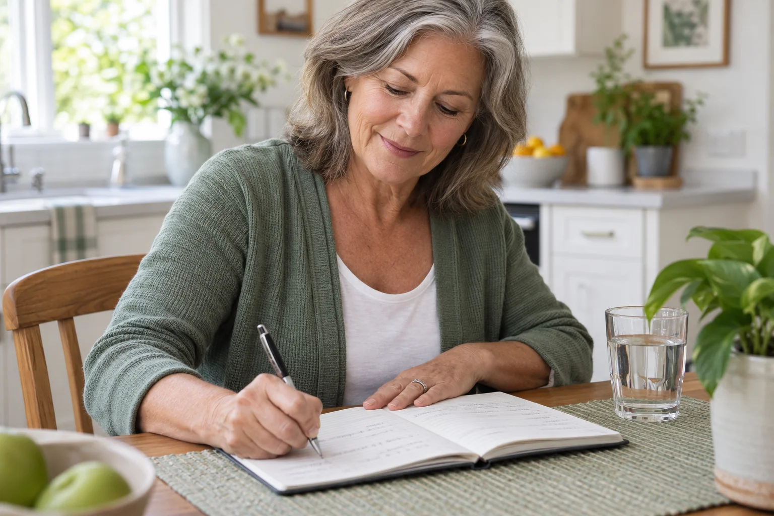 Woman writing in a bladder diary at home with a glass of water nearby